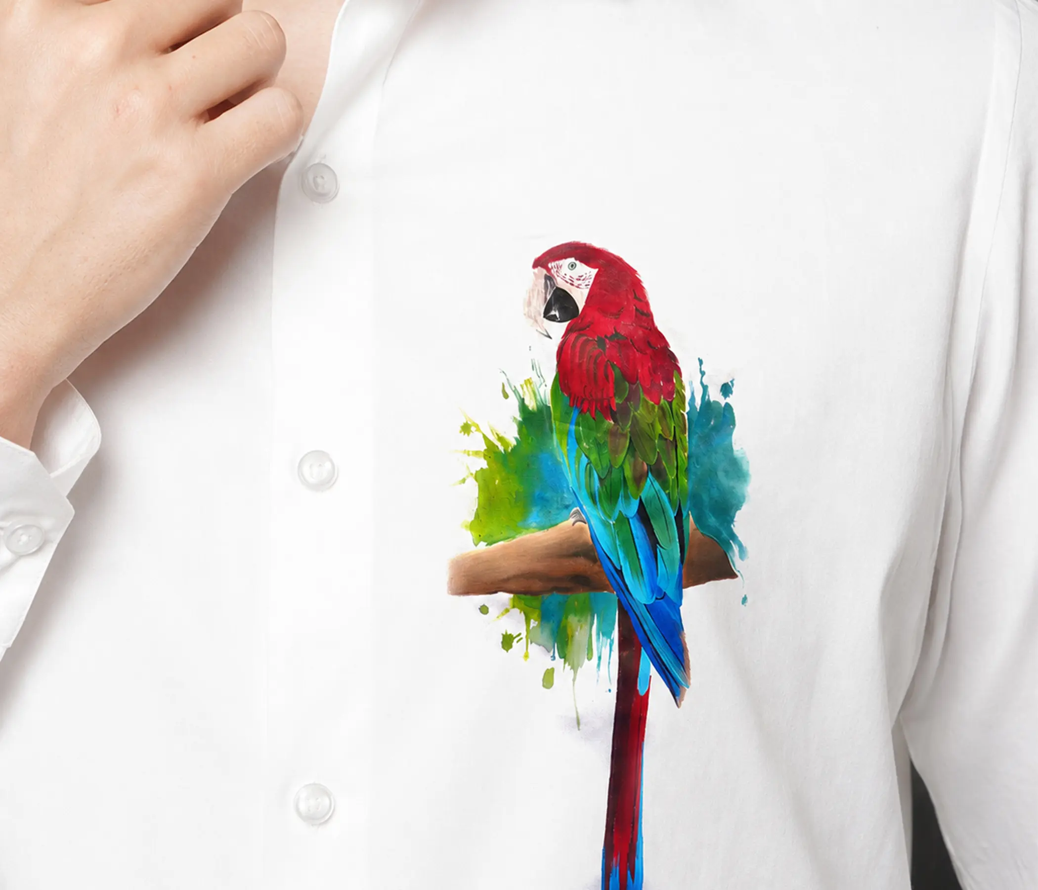 Mens Collection – Pure White Hand-Painted Macaw Shirt for Perfect Mens Wear